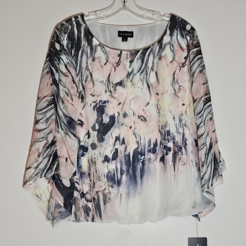 I.N. Studio Blouse Womens Small Pink Black Abstract Flutter Sleeve Top New NWT